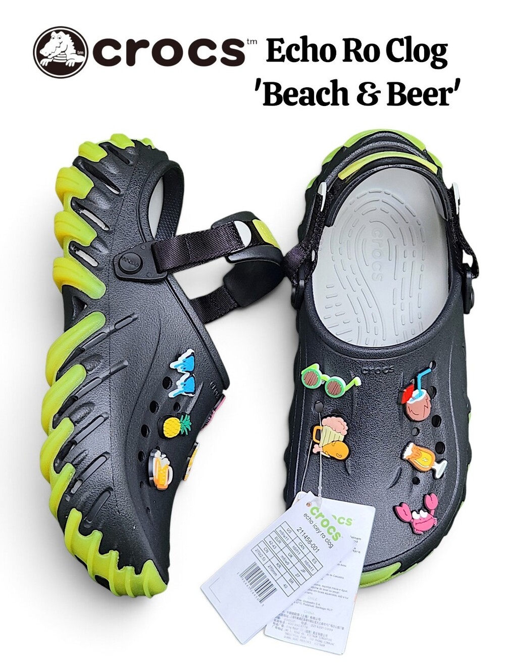 Crocs Echo Icy Ro Clogs Black Green Slip on Sandals Mens Size 9 Comfy Roomy Fit
